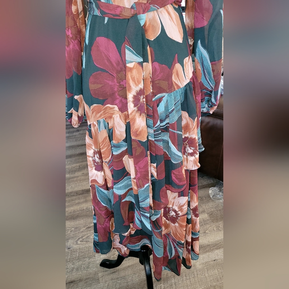 NWOT Blue and Orange Asymmetrical Tiered Sundress with Bishop Sleeves 22 - Picture 8 of 8
